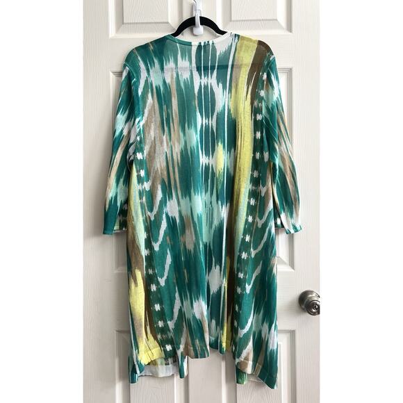 CHICO’S Green Abstract Open Front Cotton Blend Gauze Longline Cardigan - Picture 5 of 10